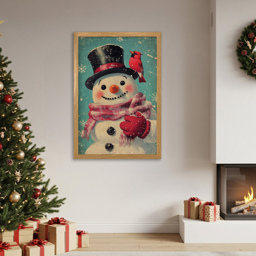 Framed Poster featuring a vintage snowman with a cardinal, perfect for Christmas decor. Soft blues, reds, and whites create a cozy holiday vibe.