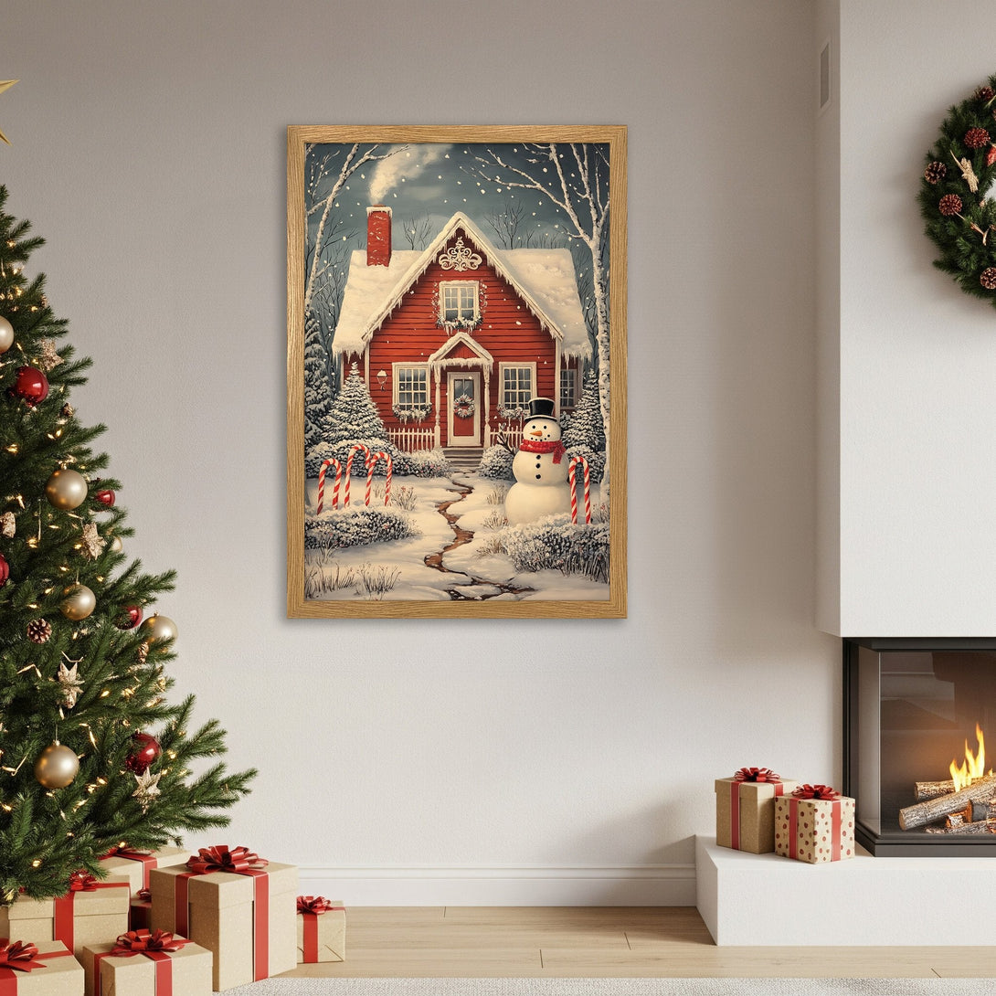 Framed Poster of a cozy winter scene with a red house and snowman. Festive art in a warm, inviting color palette. Perfect holiday decor!