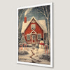 Festive Snowman and Red House Art Poster for Holiday Cheer