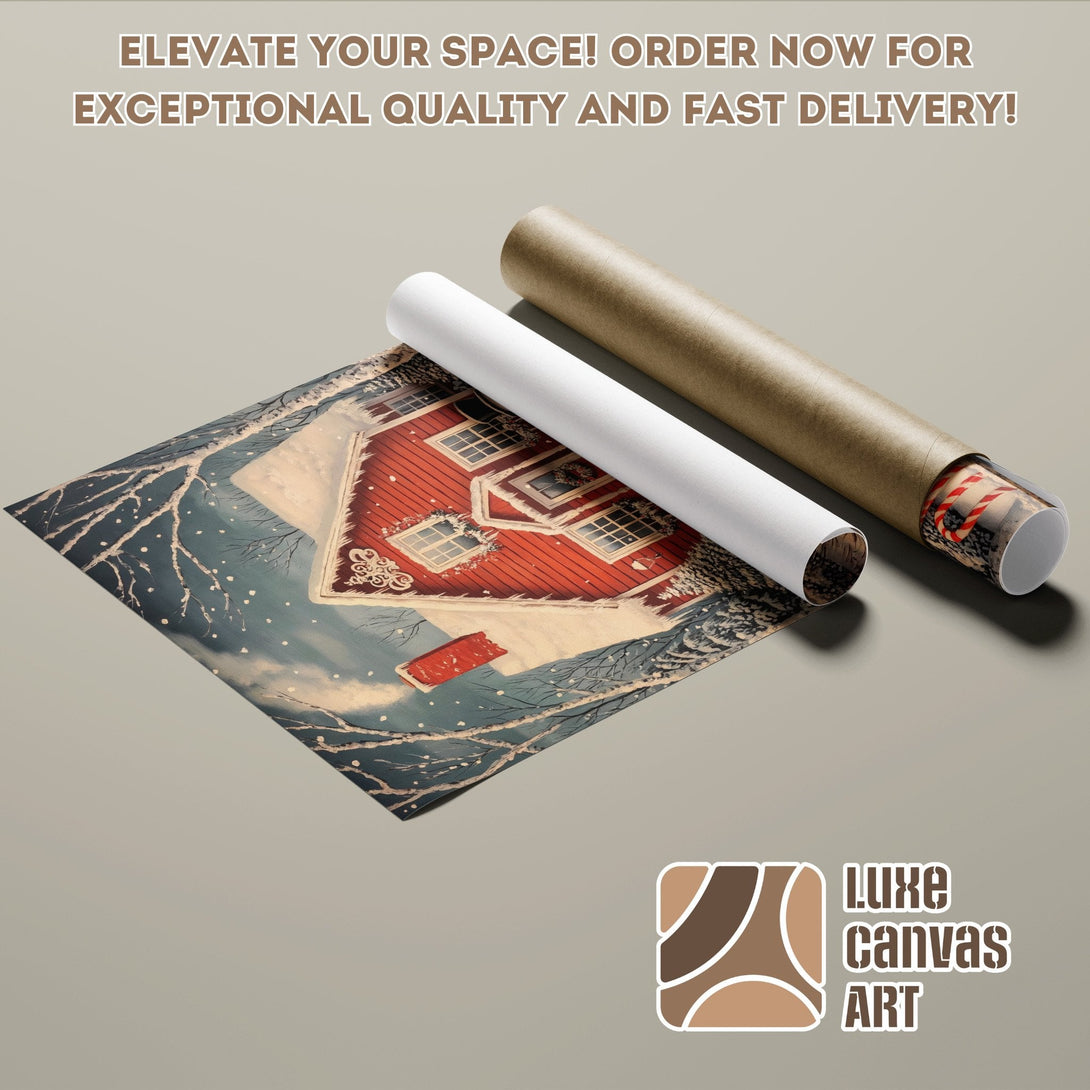 Poster Roll featuring a winter cabin scene, in a rustic style with red and blue tones. Order now!