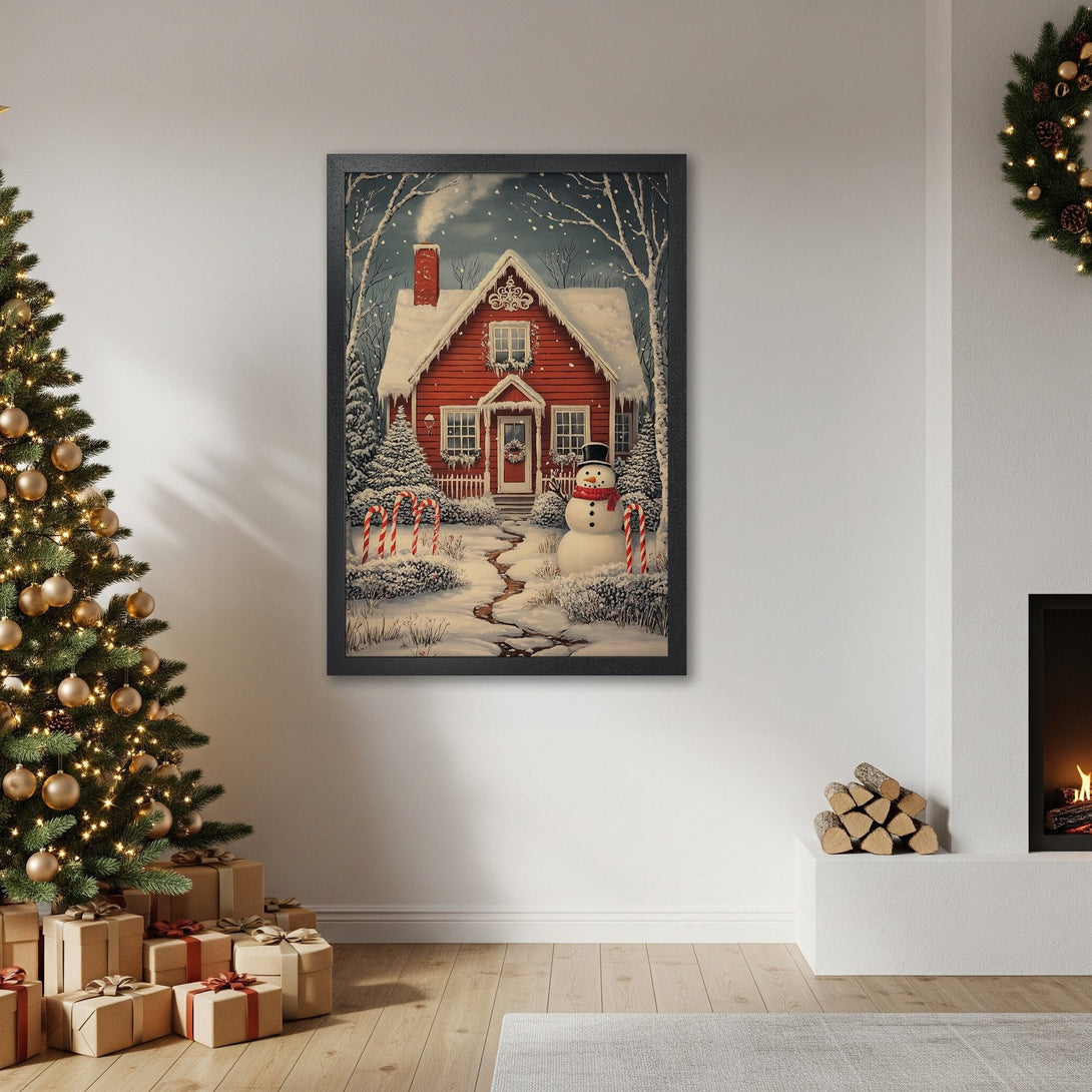 Framed Poster featuring a cozy winter scene with a red house and snowman. Charming illustration in a muted color palette, perfect for holiday decor.