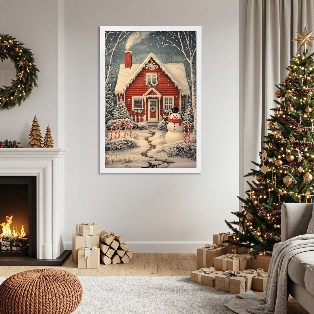 Framed Poster of a charming red house in a snowy winter scene. Cozy style with a warm, inviting color palette. Perfect holiday decor!