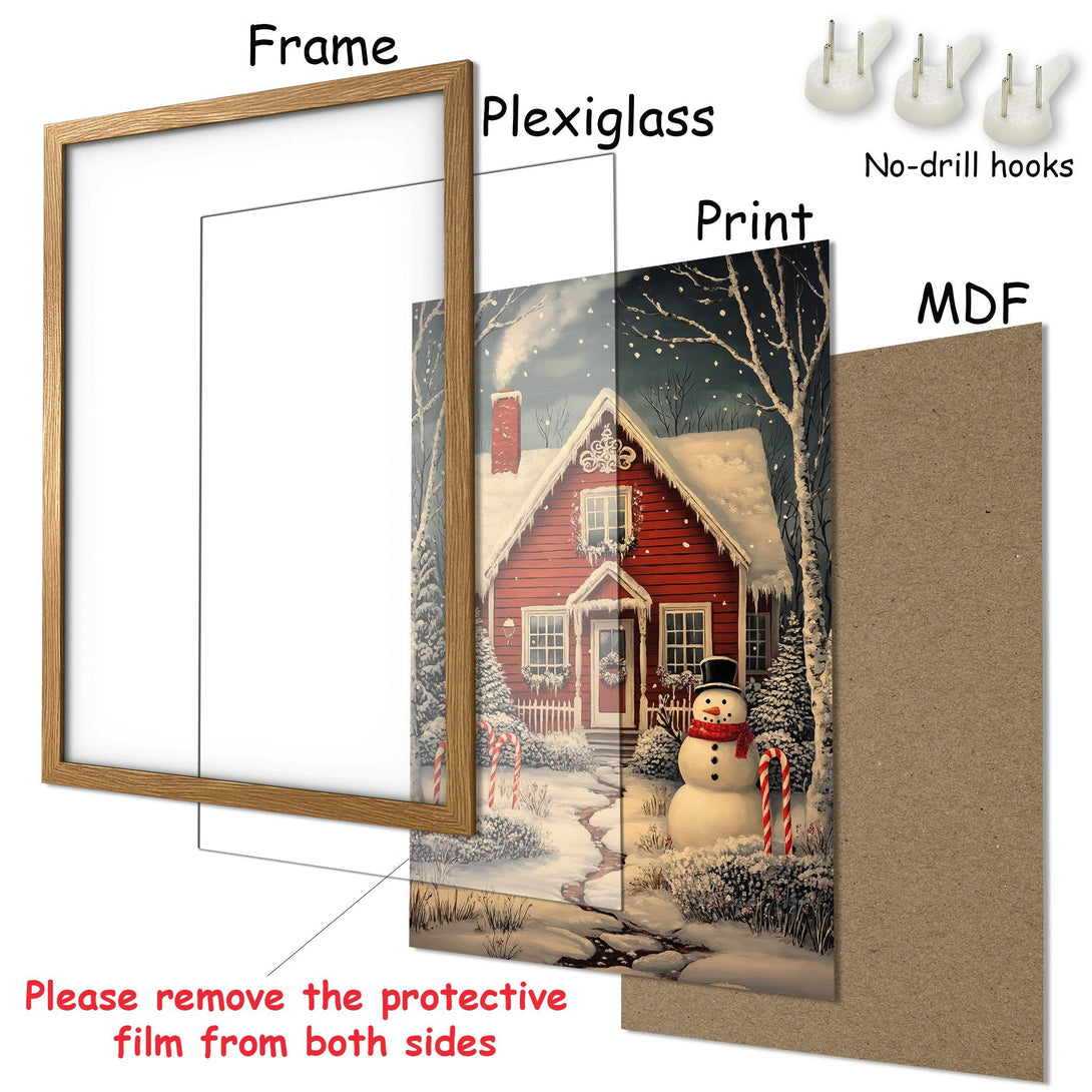 Framed Poster featuring a cozy winter scene with a red house & snowman. Warm, inviting colors perfect for holiday decor. Get yours today!
