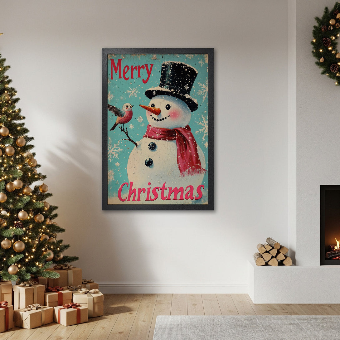 Framed Poster featuring a vintage snowman design with a teal background and red accents. Perfect Christmas decor!