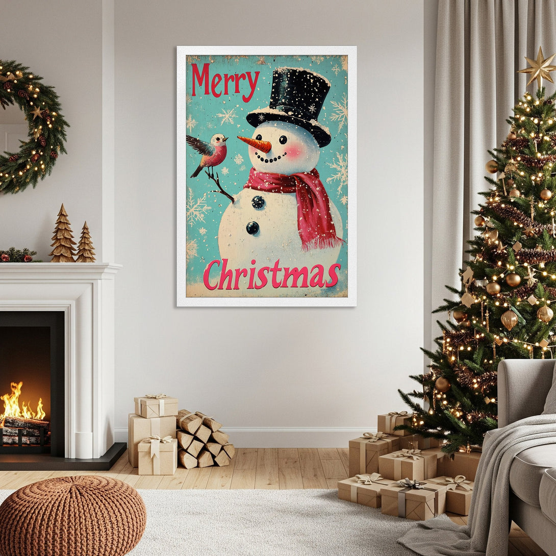 Framed Poster featuring a vintage snowman, teal background, and red accents. Perfect Christmas decor!