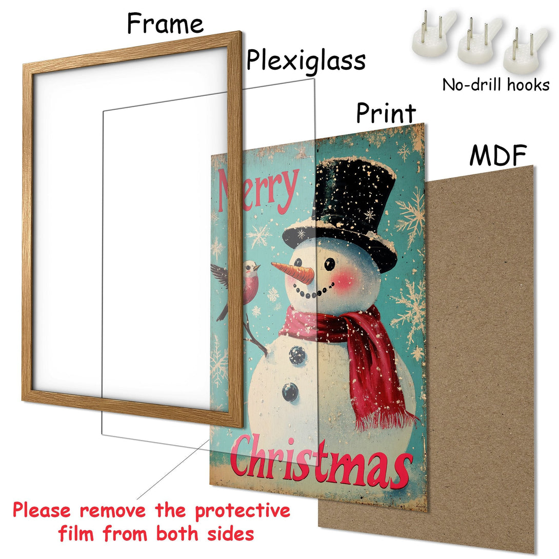 Framed Poster featuring a vintage snowman illustration with a teal, red, and brown color palette. Perfect Christmas decor!