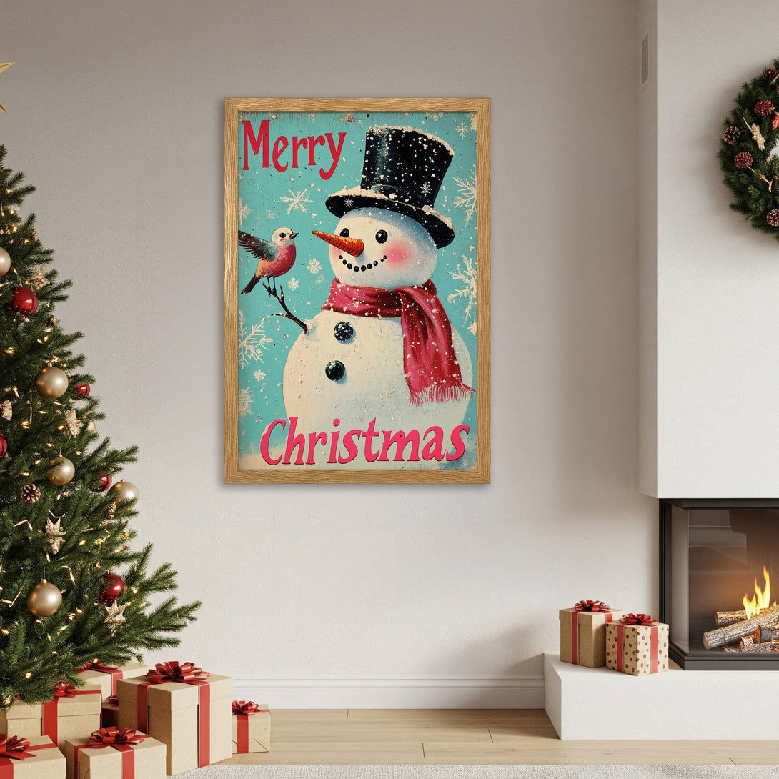Framed Poster featuring a vintage snowman design in a festive color palette of blue, red, and white. Perfect Christmas decor!