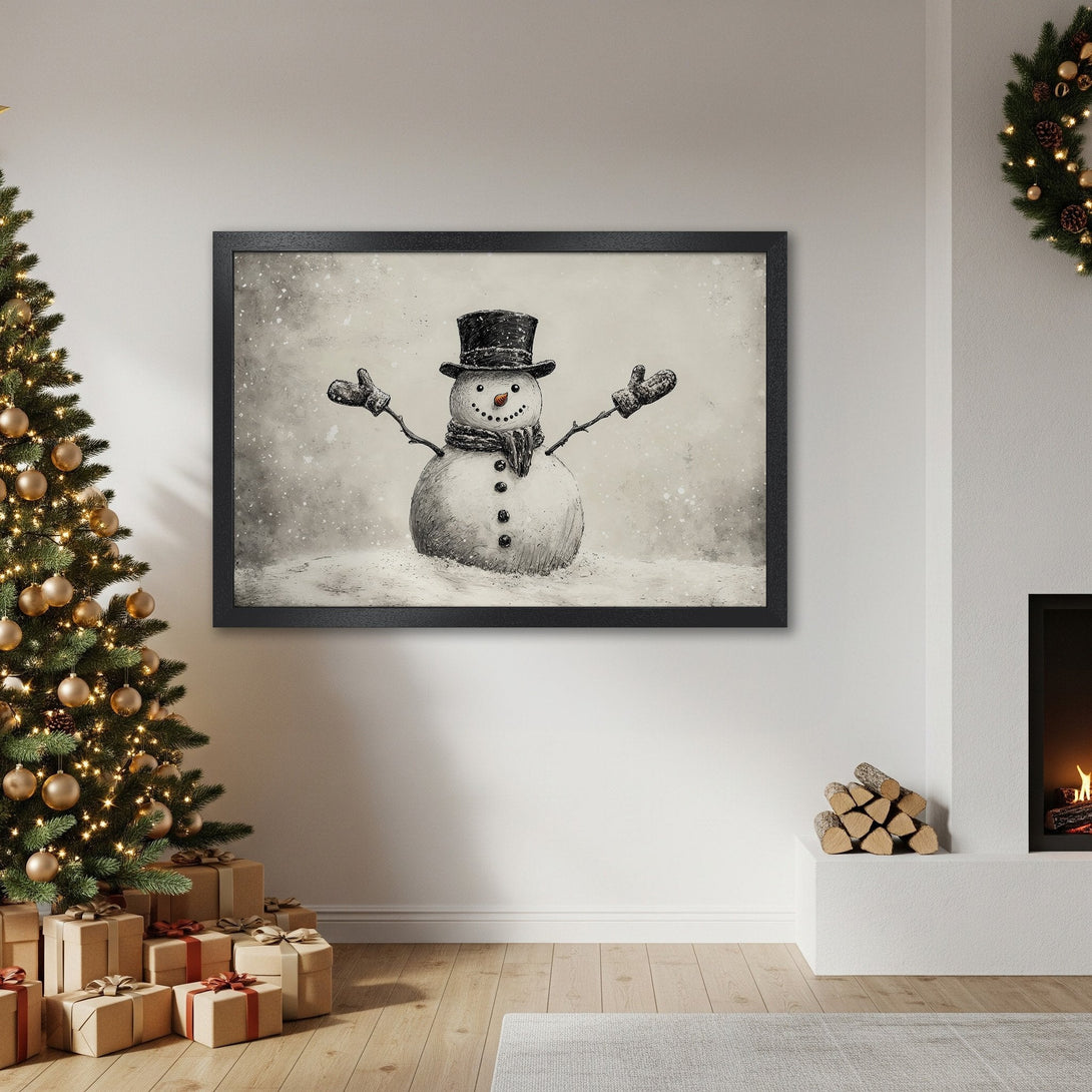 Framed Poster featuring a whimsical snowman illustration in a neutral, vintage-inspired color palette. Perfect Christmas decor!