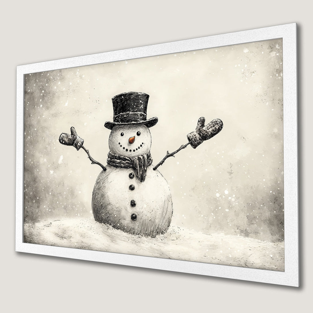 Framed Poster featuring a charming snowman in a vintage style, with a neutral color palette. Perfect winter decor!