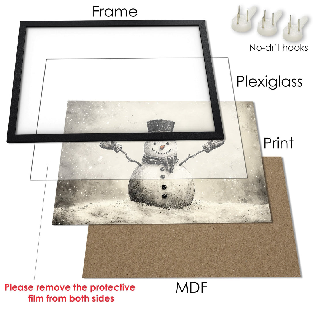 Framed Poster featuring a charming snowman illustration in a neutral, grayscale palette. Perfect winter decor!