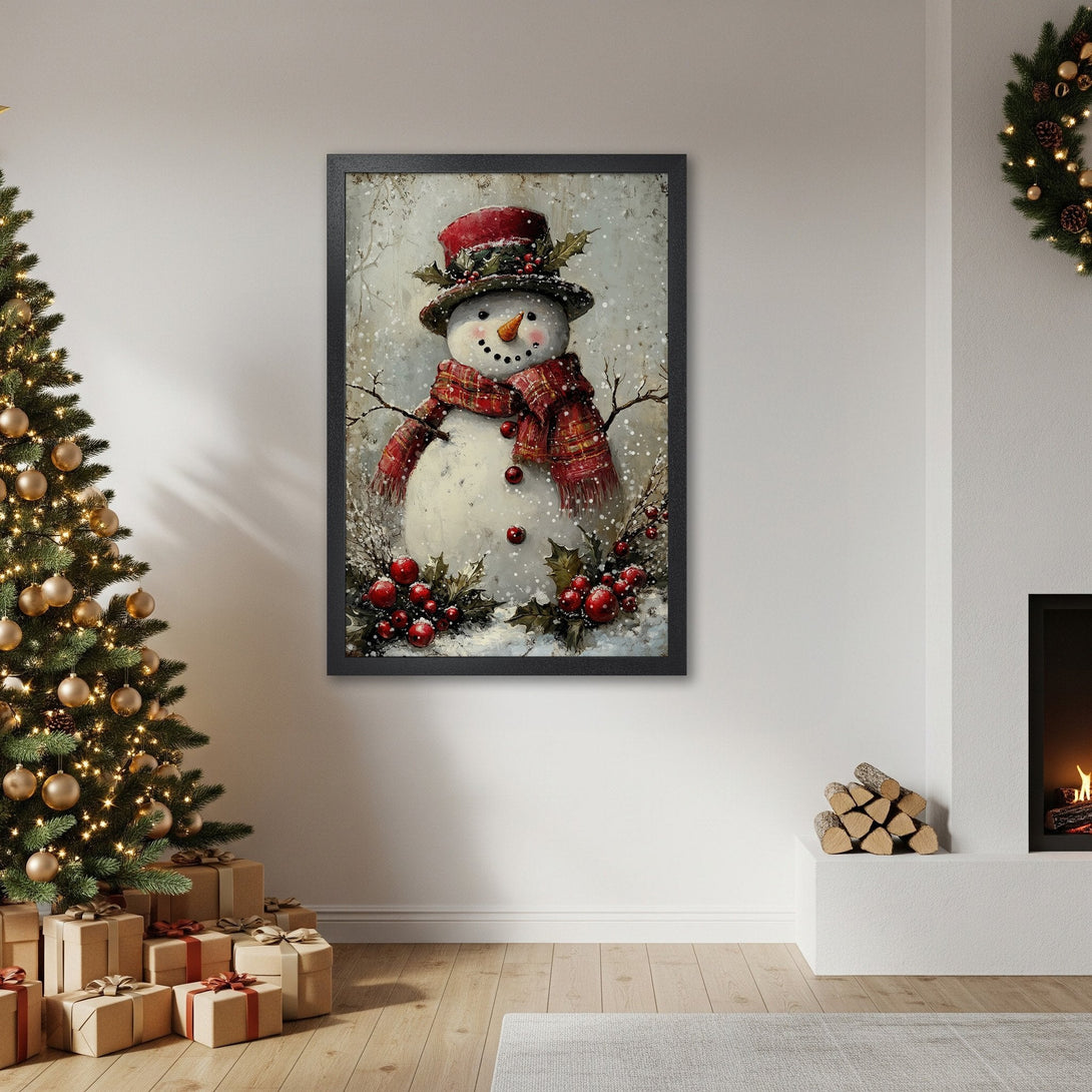 Framed Poster featuring a whimsical snowman in a red and white winter scene. Perfect Christmas decor!