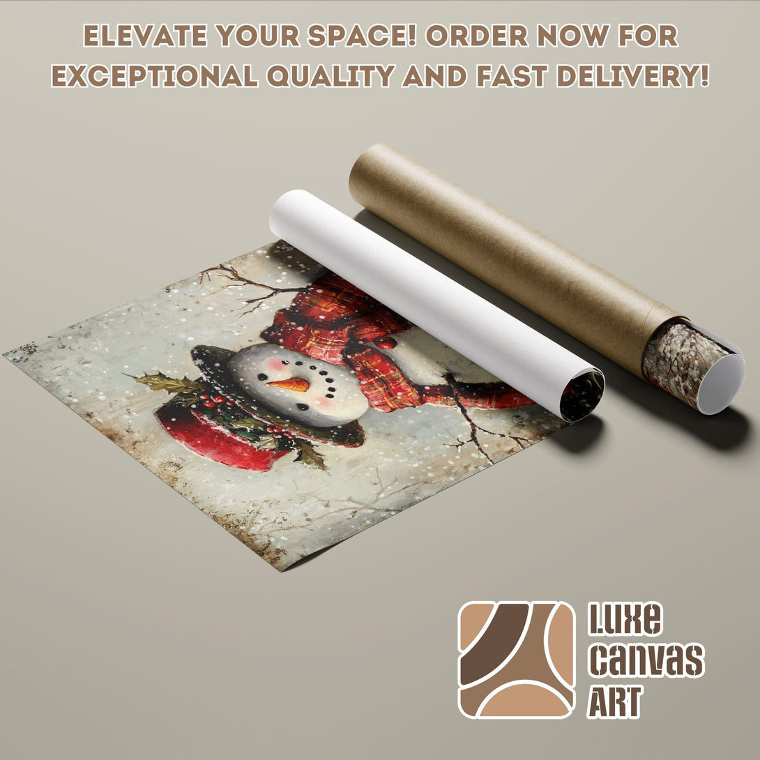 Snowman Poster Roll, vintage style, red & gray color palette. Order now for fast delivery!