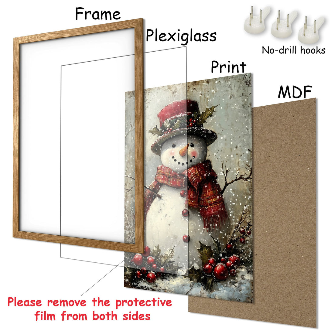 Framed Poster featuring a charming snowman in a winter scene, with a rustic style and a warm red and white color palette. Ready to hang!