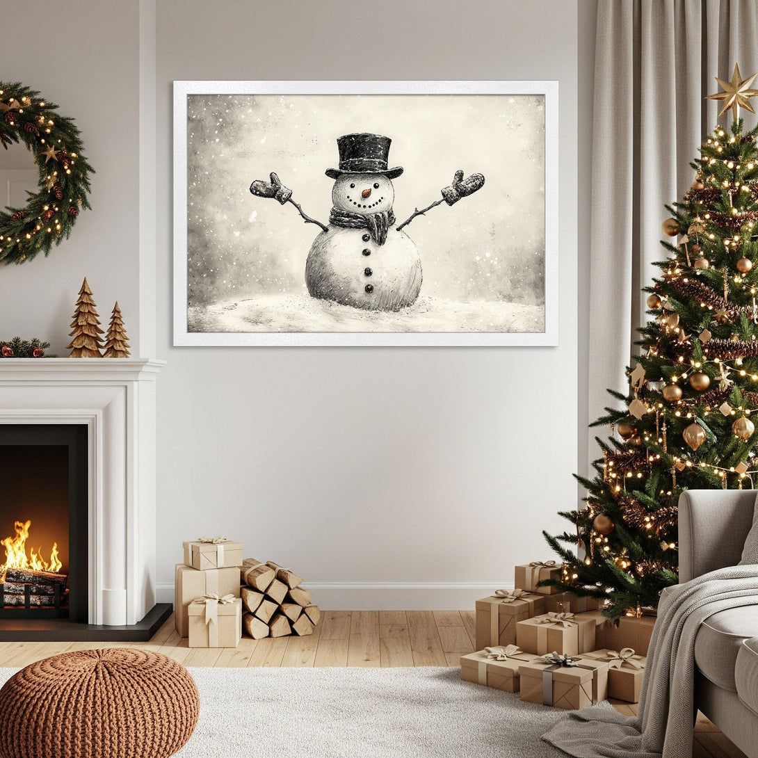 Framed Poster featuring a charming snowman illustration. Vintage style, neutral color palette perfect for Christmas decor. Add festive cheer!