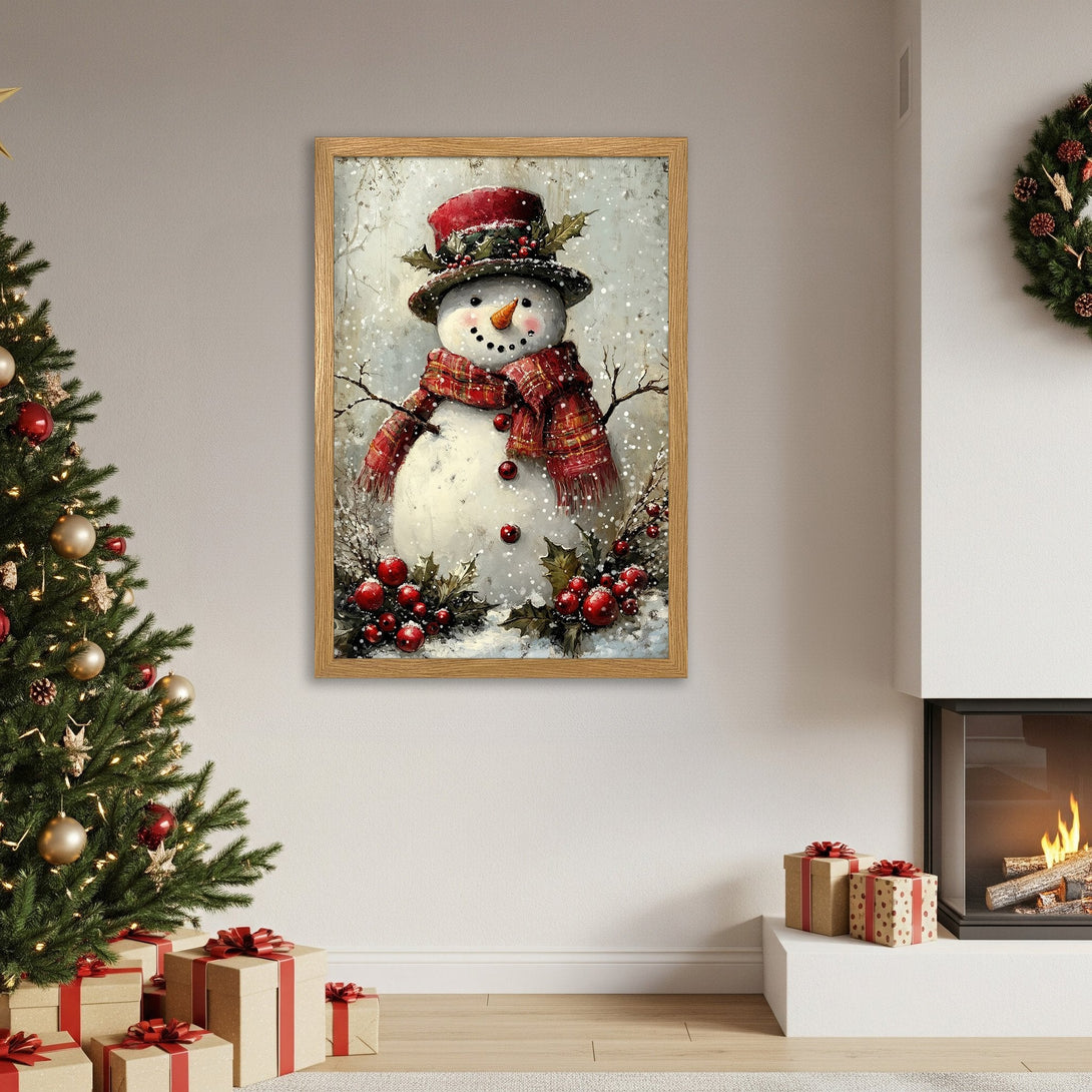 Framed Poster featuring a charming snowman in a winter scene. Festive red and neutral color palette, perfect for holiday decor.