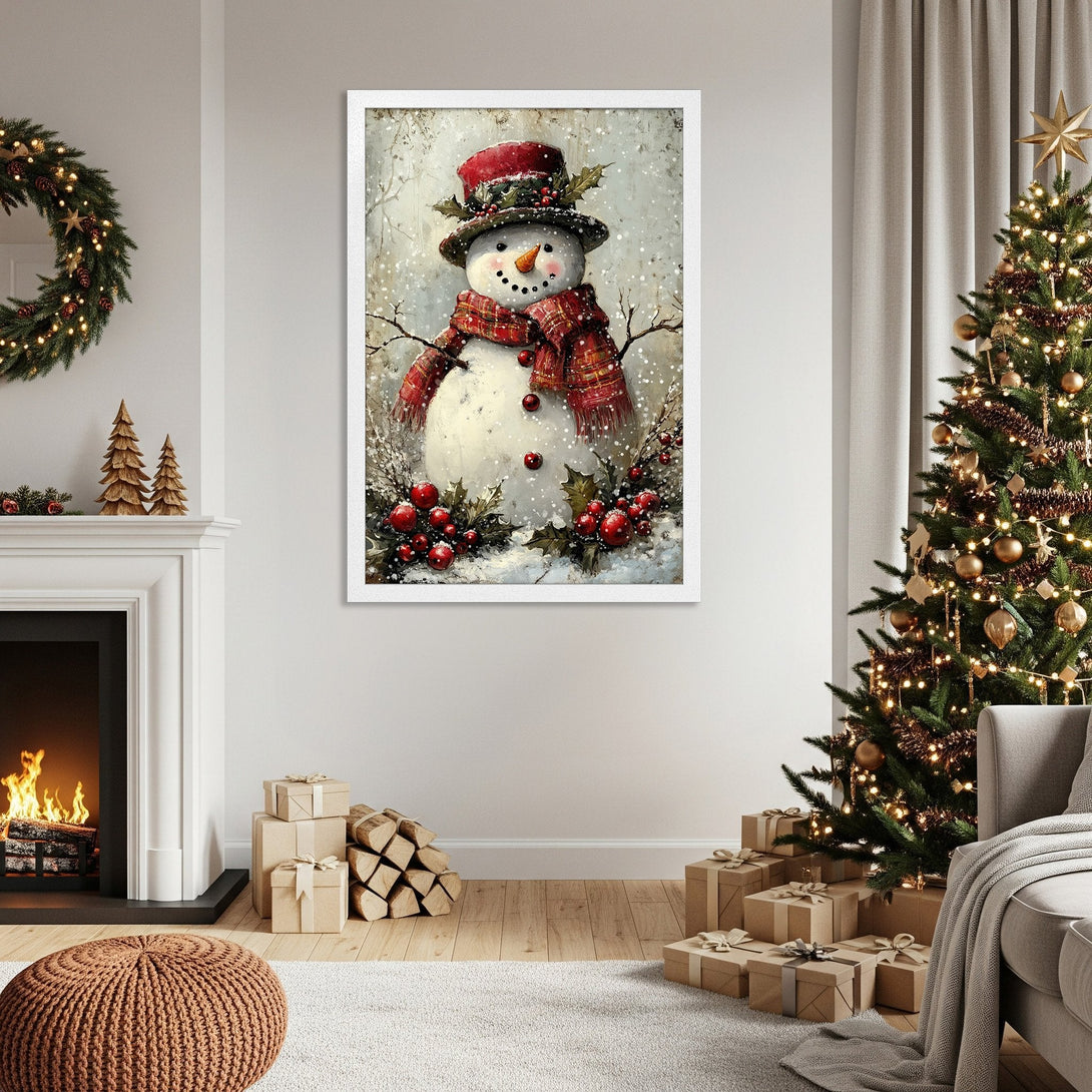 Framed Poster featuring a charming snowman in a winter scene. Rustic style, warm red and neutral color palette, perfect for Christmas decor.