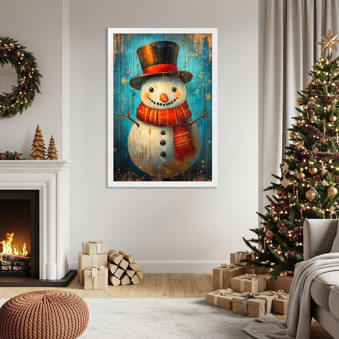 Framed Poster of a whimsical snowman with a red scarf, set in a cozy Christmas scene. Features blue, white, and red color palette.