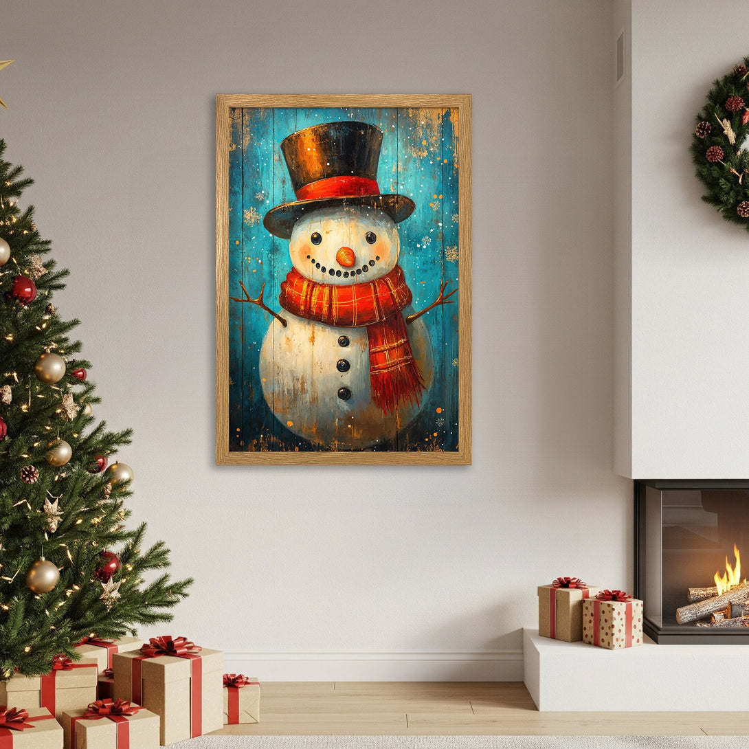 Framed Poster featuring a whimsical snowman in a rustic style with a blue and red color palette, perfect holiday decor.