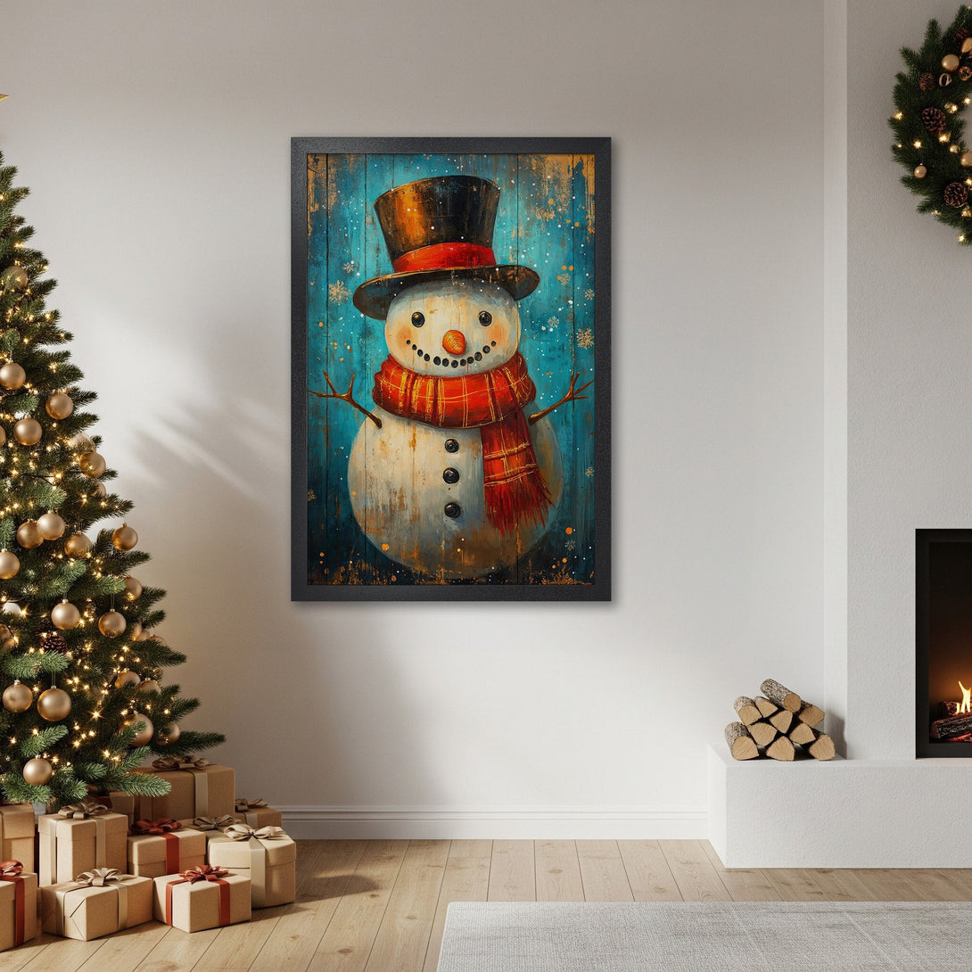 Framed Poster featuring a whimsical snowman illustration in a rustic style with a blue and red color palette. Perfect Christmas decor!