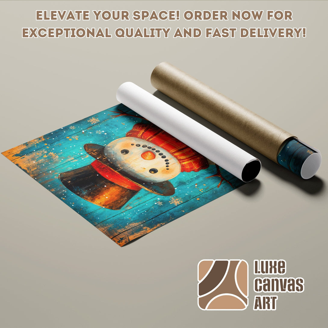 Snowman Poster Roll, rustic style, turquoise and orange color palette. Order now!