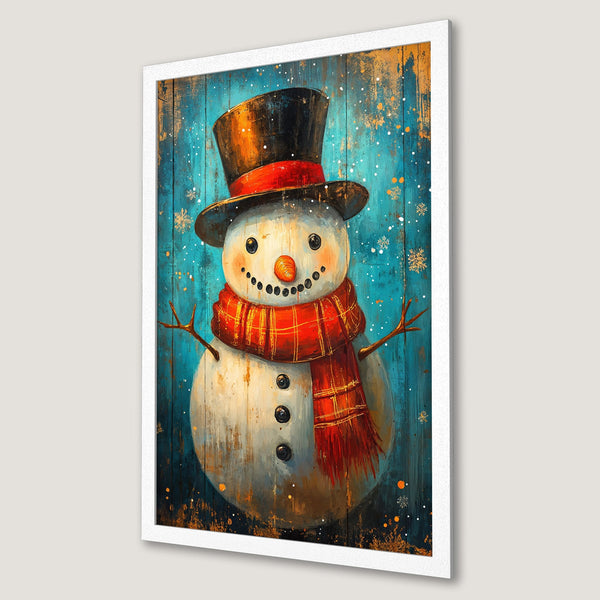 Framed Poster featuring a whimsical snowman in a rustic style with a blue, orange, and red color palette. Perfect winter decor!