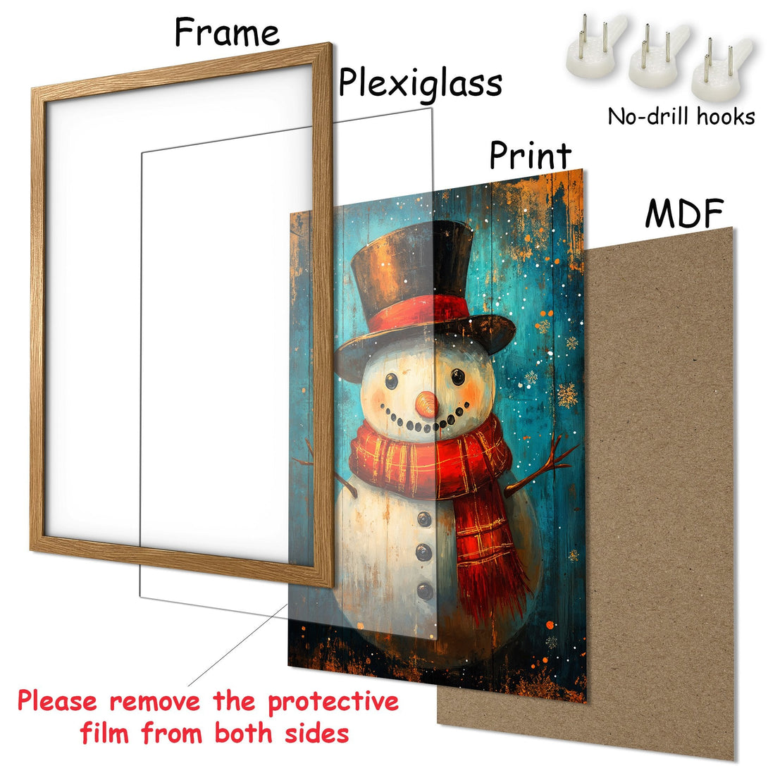 Framed Poster featuring a whimsical snowman art print. Rustic style with a blue, orange, and red color palette. Perfect winter decor.