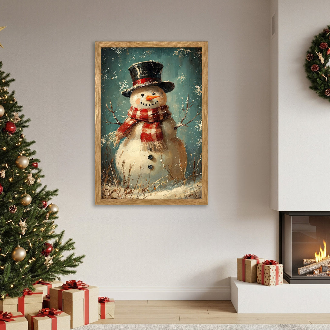 Framed Poster featuring a charming snowman in a winter scene, painted in a vintage style with a teal and red color palette. Perfect holiday decor!