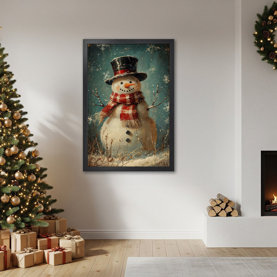 Framed Poster of a charming snowman in a vintage style with a teal and red color palette. Perfect Christmas decor!