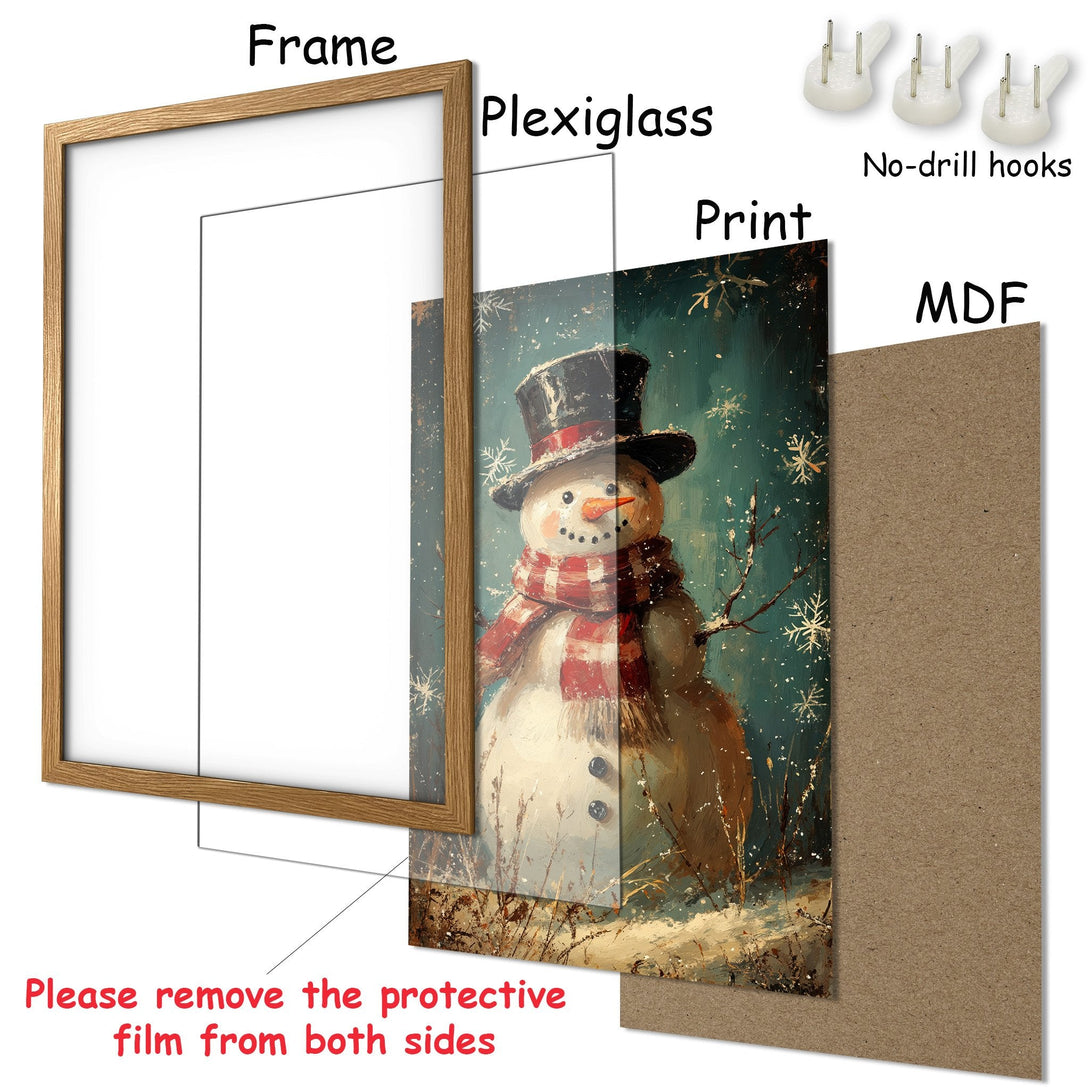 Framed Poster featuring a whimsical snowman in a winter scene. Vintage style with teal, red, and brown color palette. Perfect holiday decor!