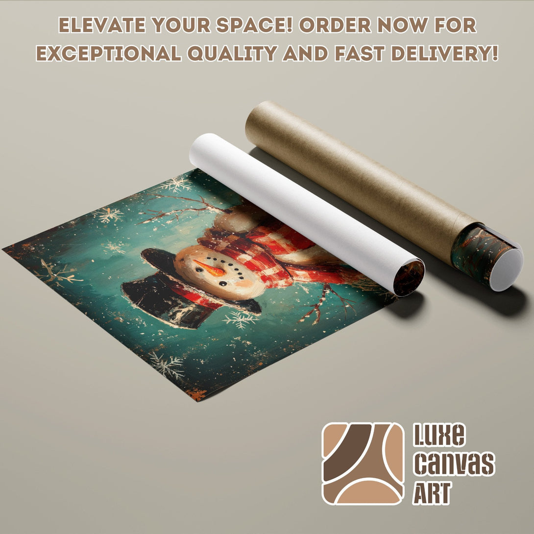 Winter-themed Poster Roll with a snowman, vintage style, teal & brown color palette. Order yours today!