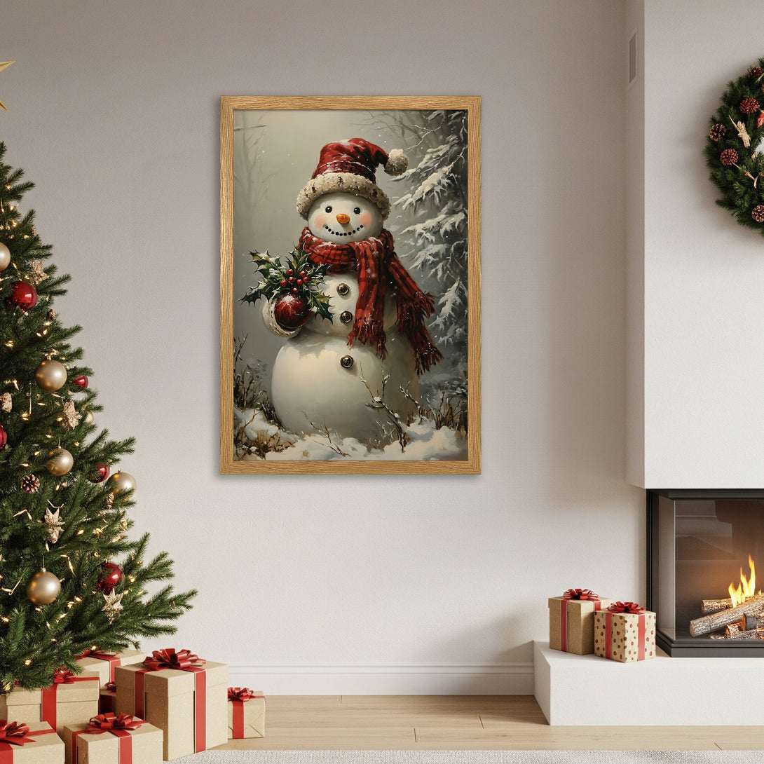 Framed Poster featuring a charming snowman in a winter scene. Festive red & white color palette, perfect for holiday decor!
