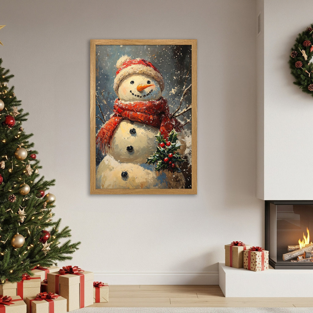 Framed Poster of a snowman in a winter scene. Artistic style with red, blue, and white color palette, perfect for Christmas decor.