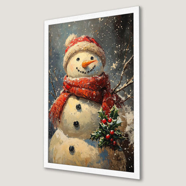 Framed Poster featuring a charming snowman in a festive red and cream color palette, perfect for holiday decor.