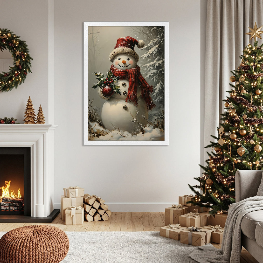 Framed Poster featuring a charming snowman in a winter scene. Cozy style with red, white, and green color palette. Perfect holiday decor!