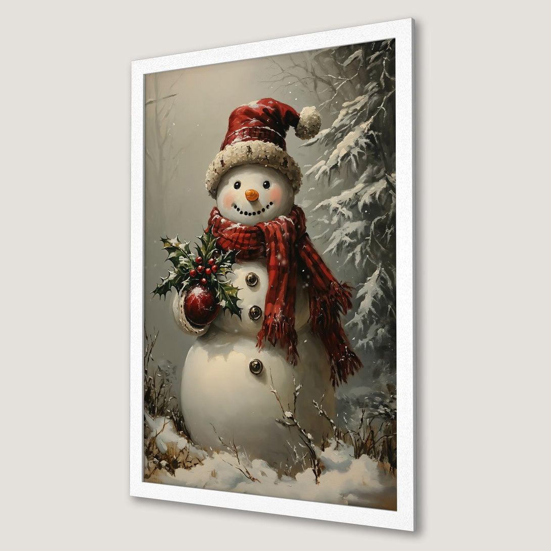 Framed Poster featuring a charming snowman in a winter scene. Rustic style with red, white, and gray tones. Perfect Christmas decor!