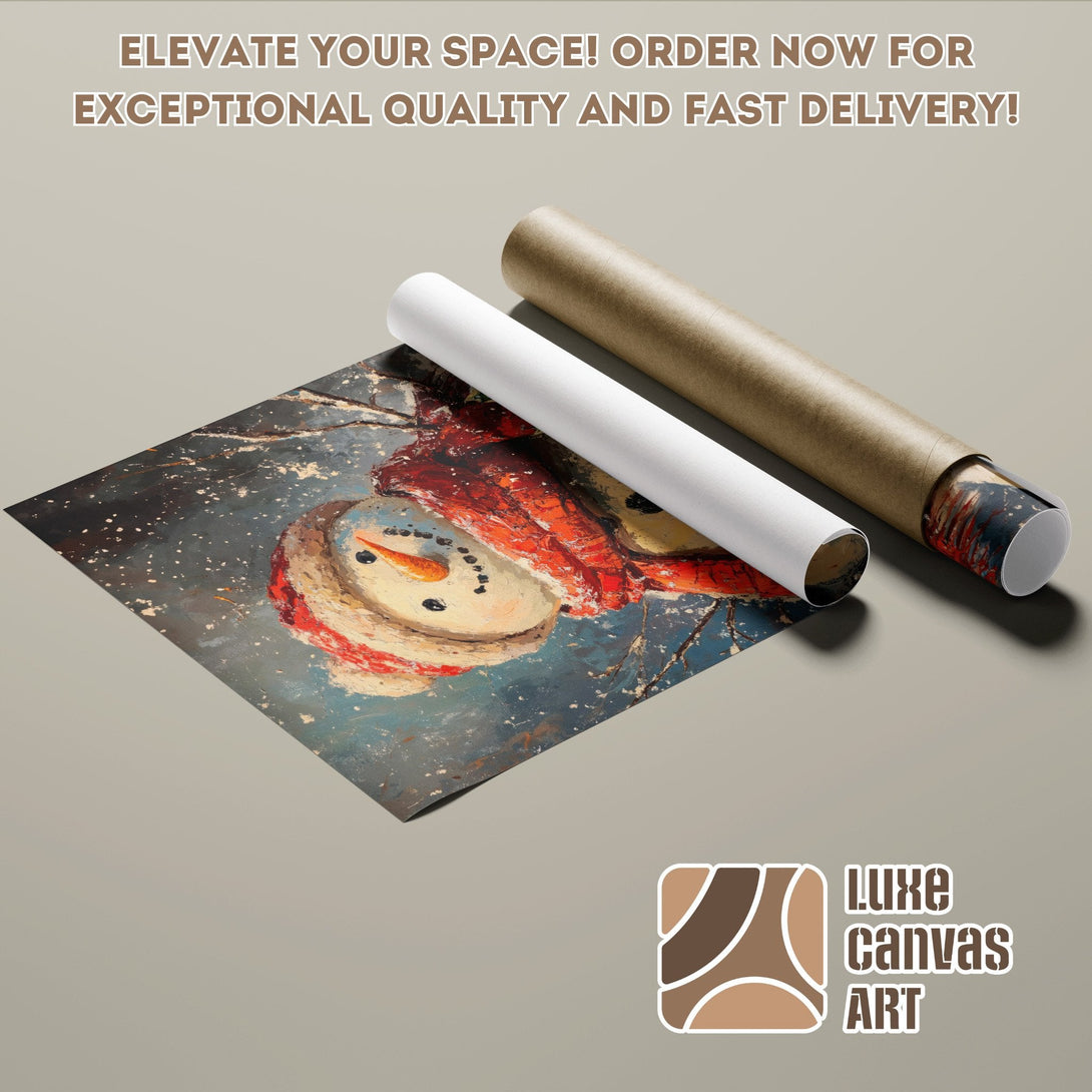 Poster Roll featuring a snowman painting, with a blue, red, and white color palette. Elevate your space today!