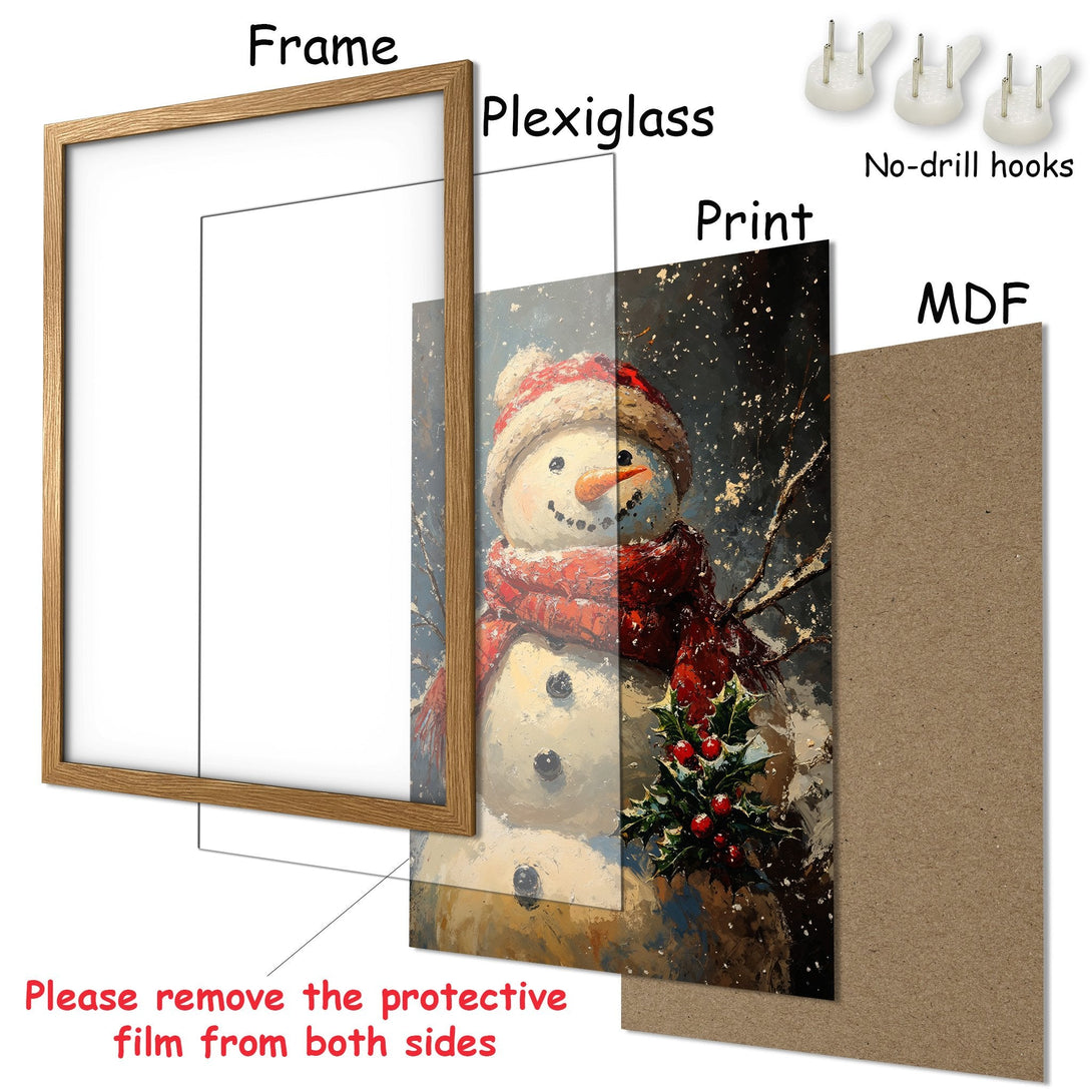 Framed Poster of a snowman in a winter scene. Artistic style with a warm, festive color palette. Perfect holiday decor!