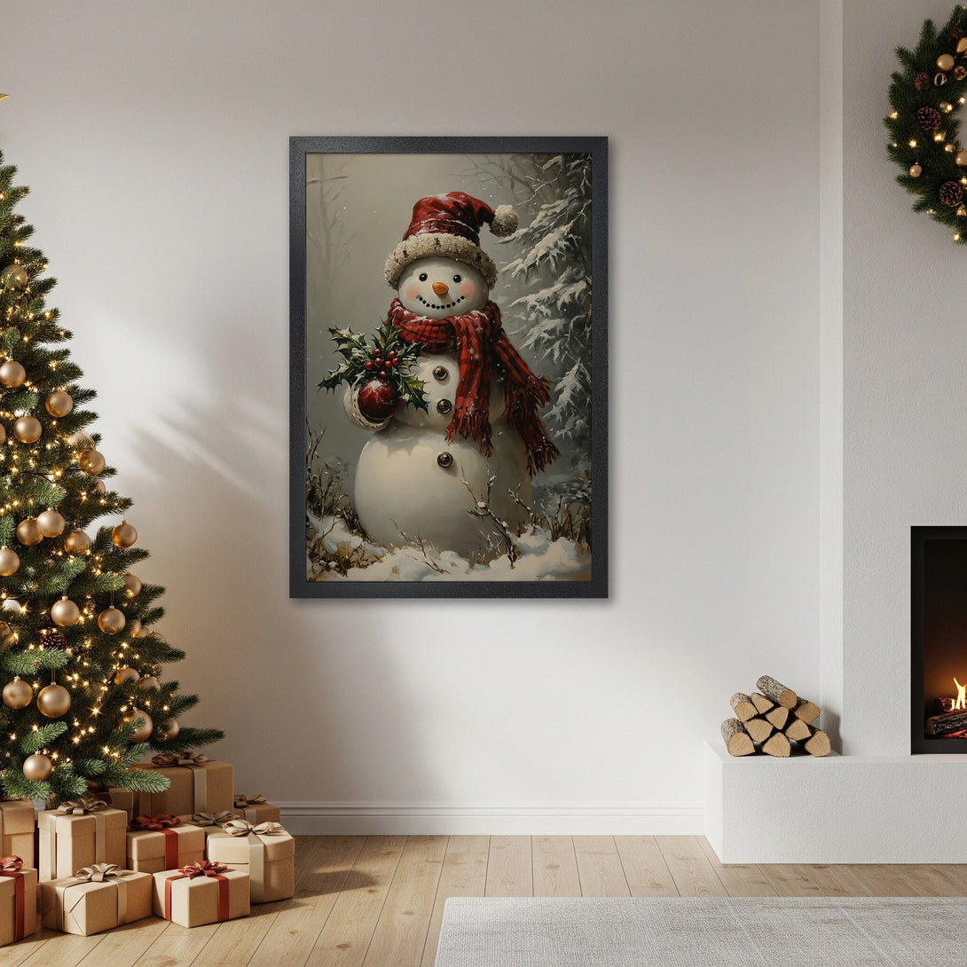 Framed Poster of a charming snowman in a winter scene. Festive art with red and white color palette, perfect for Christmas decor.
