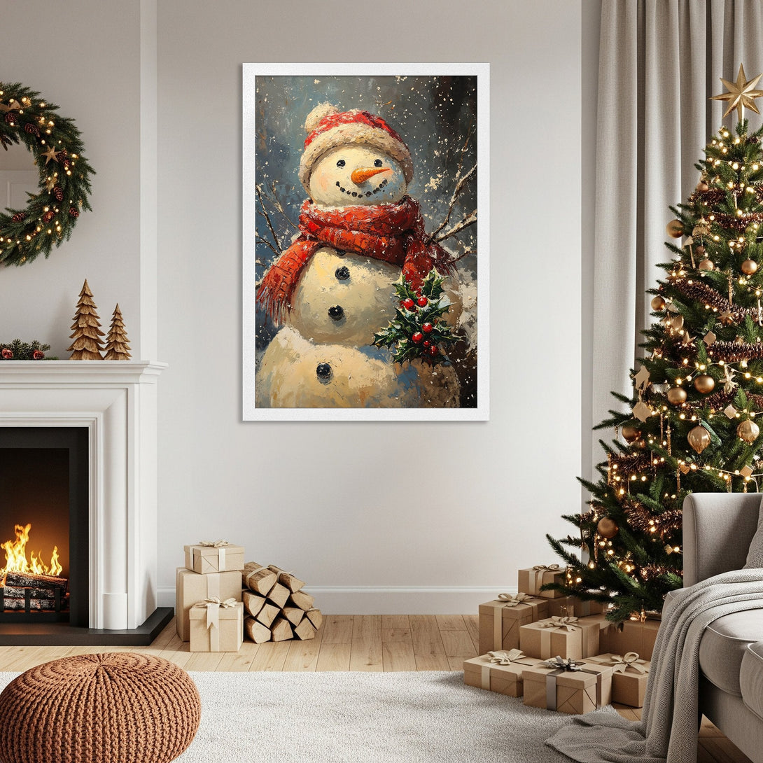 Framed Poster featuring a whimsical snowman in a cozy, painterly style. Festive red and wintery blue color palette. Perfect Christmas decor!