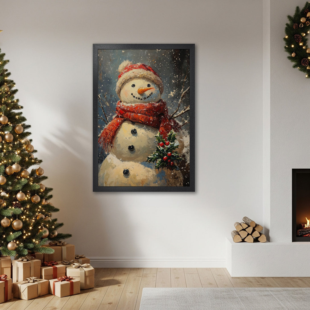 Framed Poster featuring a whimsical snowman painting in a festive red and blue color palette, perfect holiday decor.