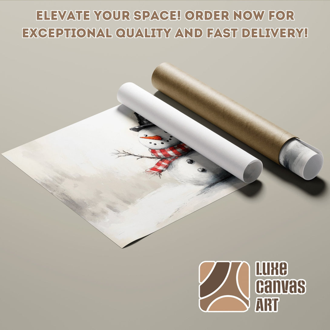 Poster Roll of a whimsical snowman art print in neutral tones. Perfect winter decor!