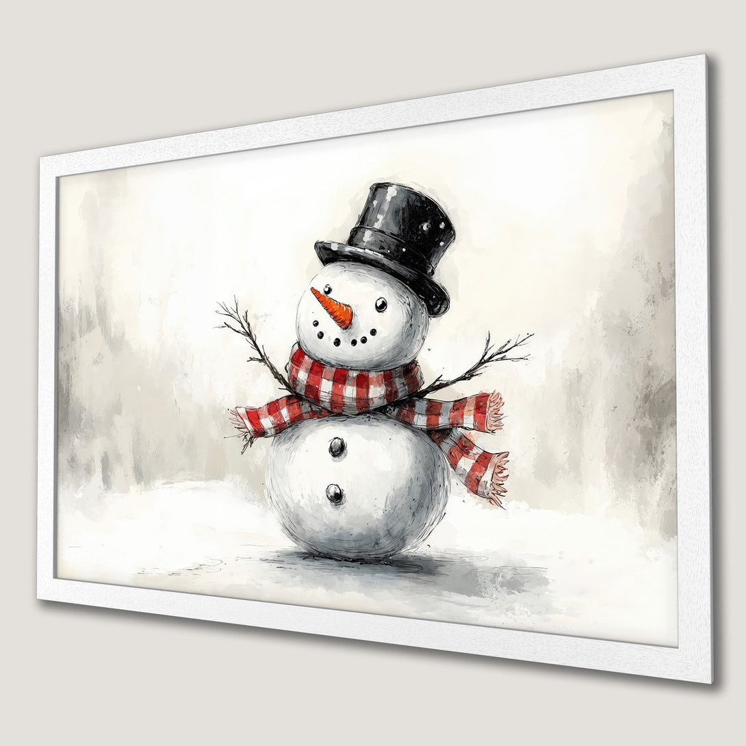 Framed Poster featuring a whimsical snowman in a watercolor style with a red and white scarf, perfect holiday decor.