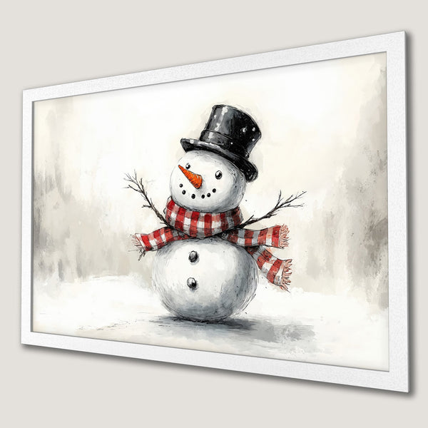 Framed Poster featuring a whimsical snowman in a watercolor style with a red and white scarf, perfect holiday decor.