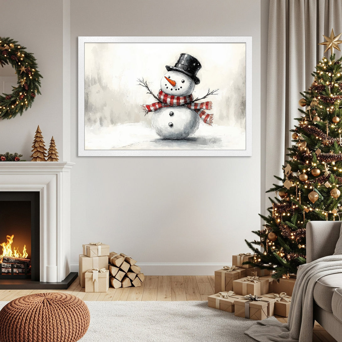 Framed Poster featuring a watercolor snowman in a winter scene. Soft, neutral color palette perfect for holiday decor.