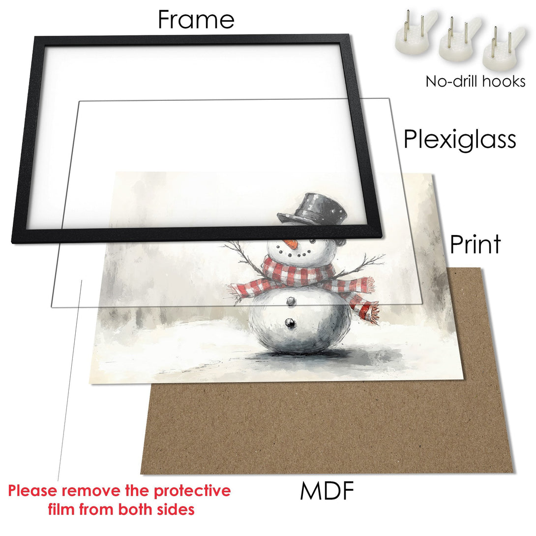 Framed Poster of a snowman in a winter scene. Watercolor style, neutral palette with red accents. Perfect winter decor!
