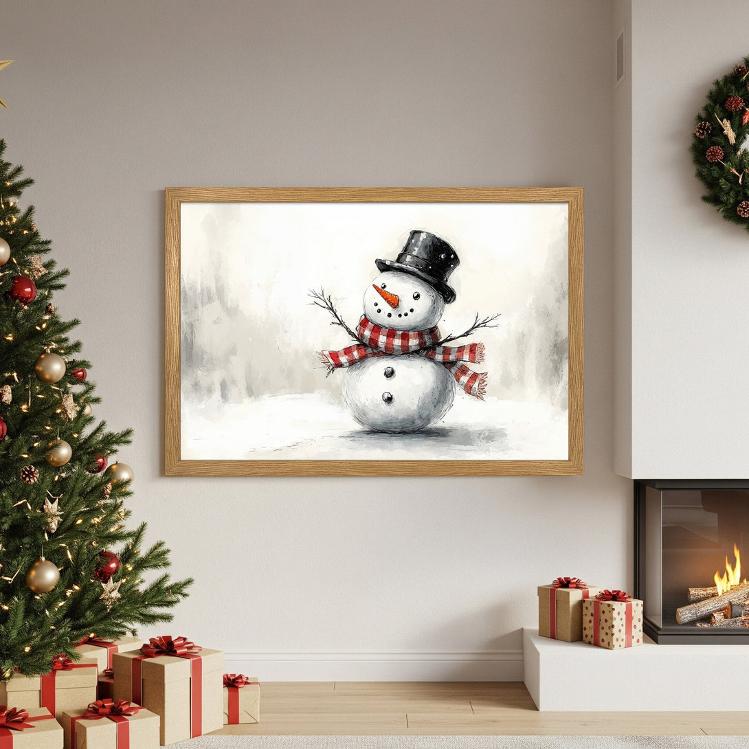Framed Poster featuring a charming snowman illustration in watercolor style. Festive winter art with a neutral color palette. Perfect holiday decor!