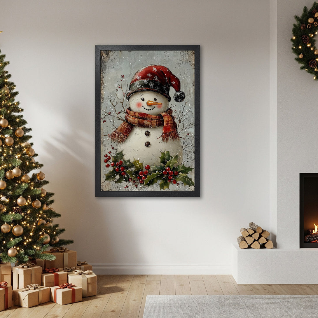 Framed Poster featuring a charming snowman in a rustic style, with a red and neutral color palette, perfect for Christmas decor.