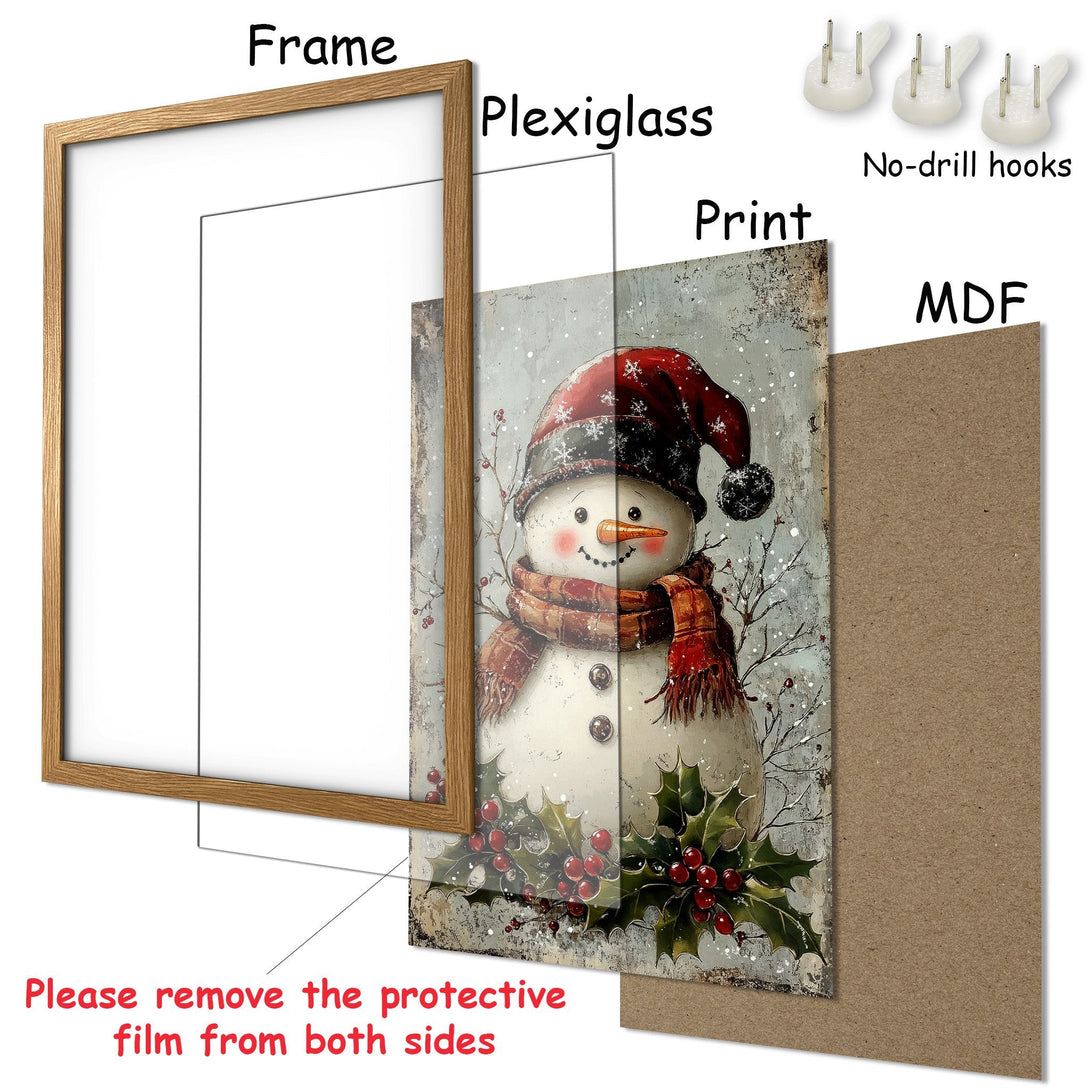 Framed Poster featuring a charming snowman in a rustic style with a warm red and neutral color palette. Perfect holiday decor!