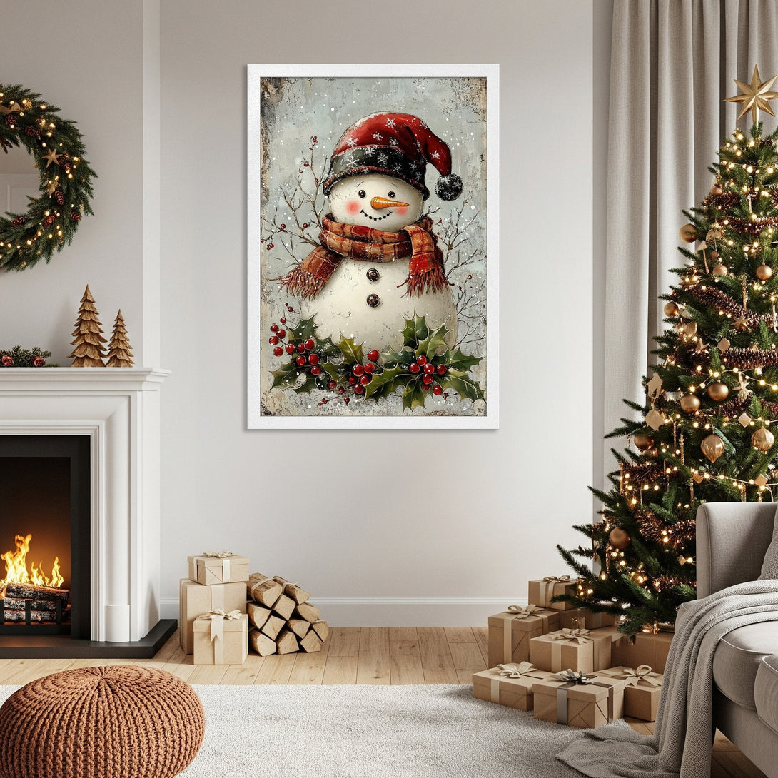 Framed Poster featuring a whimsical snowman in a cozy, vintage style. Festive red and green color palette, perfect holiday decor.
