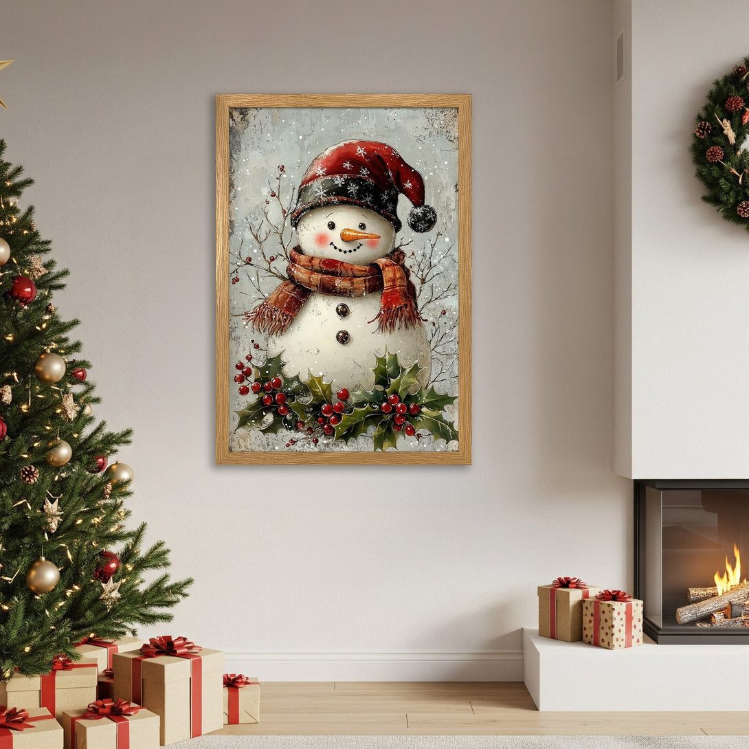 Framed Poster featuring a charming snowman in a winter scene, with red, white, and brown color palette, perfect for holiday decor.